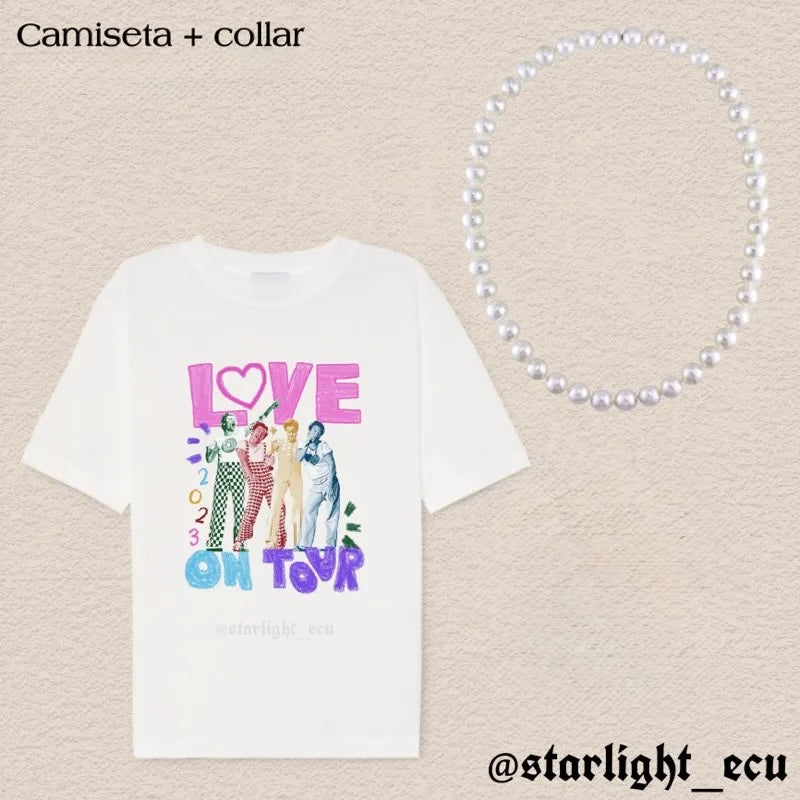 Camiseta harry love on tour + collar de perlas